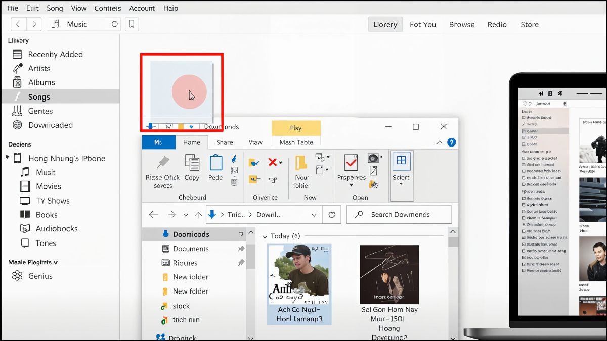 Thêm nhạc vào thư viện iTunes bằng cách kéo file nhạc từ laptop vào iTunes.