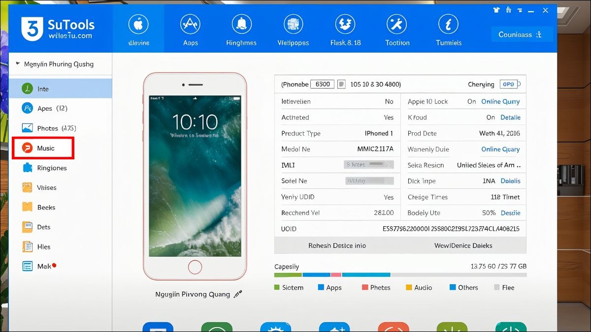 Mở phần mềm 3uTools, chọn mục Nhạc (Music) ở góc bên trái.