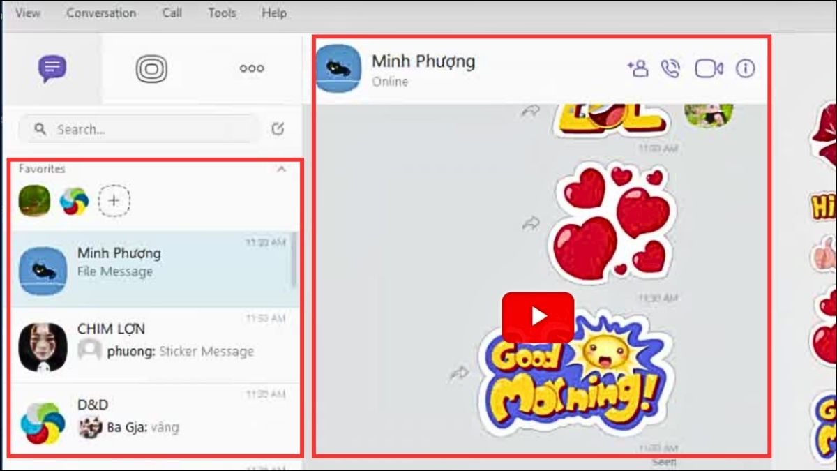 Danh sách nhắn tin và khu vực chat
