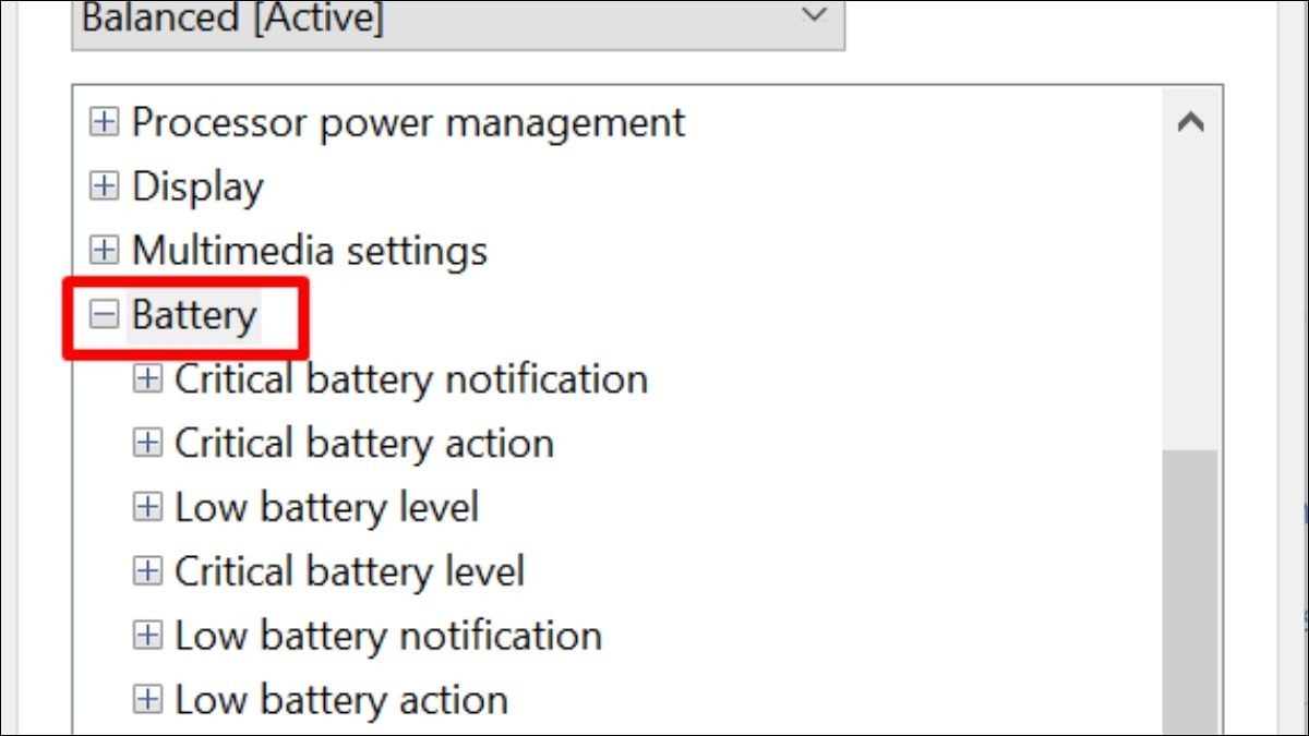 Tìm và mở rộng mục Battery