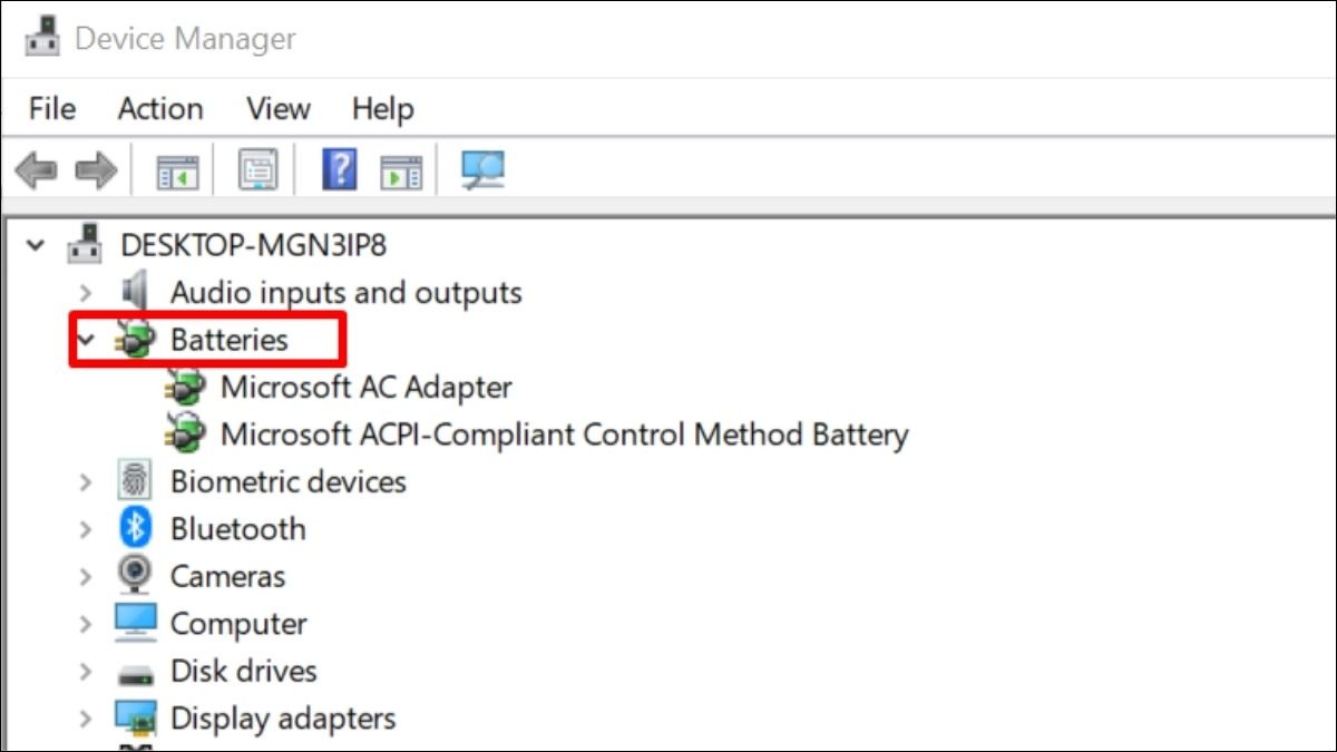 Trong cửa sổ Device Manager, tìm và mở rộng mục Batteries