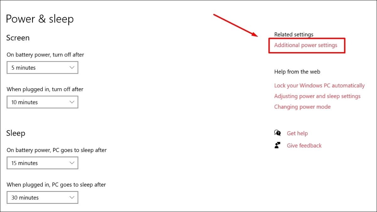 Chọn System > Power & sleep > Additional power settings