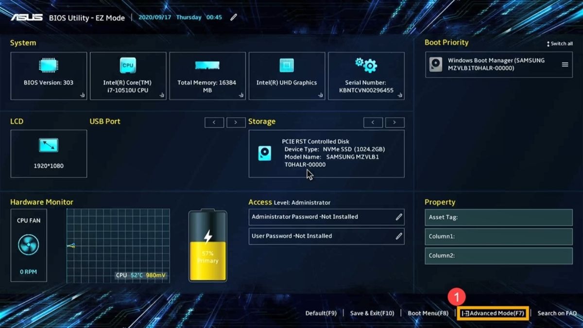 Nhấp vào phím F7 trên bàn phím hoặc bạn có thể nhấp vào Advanced mode trên màn hình