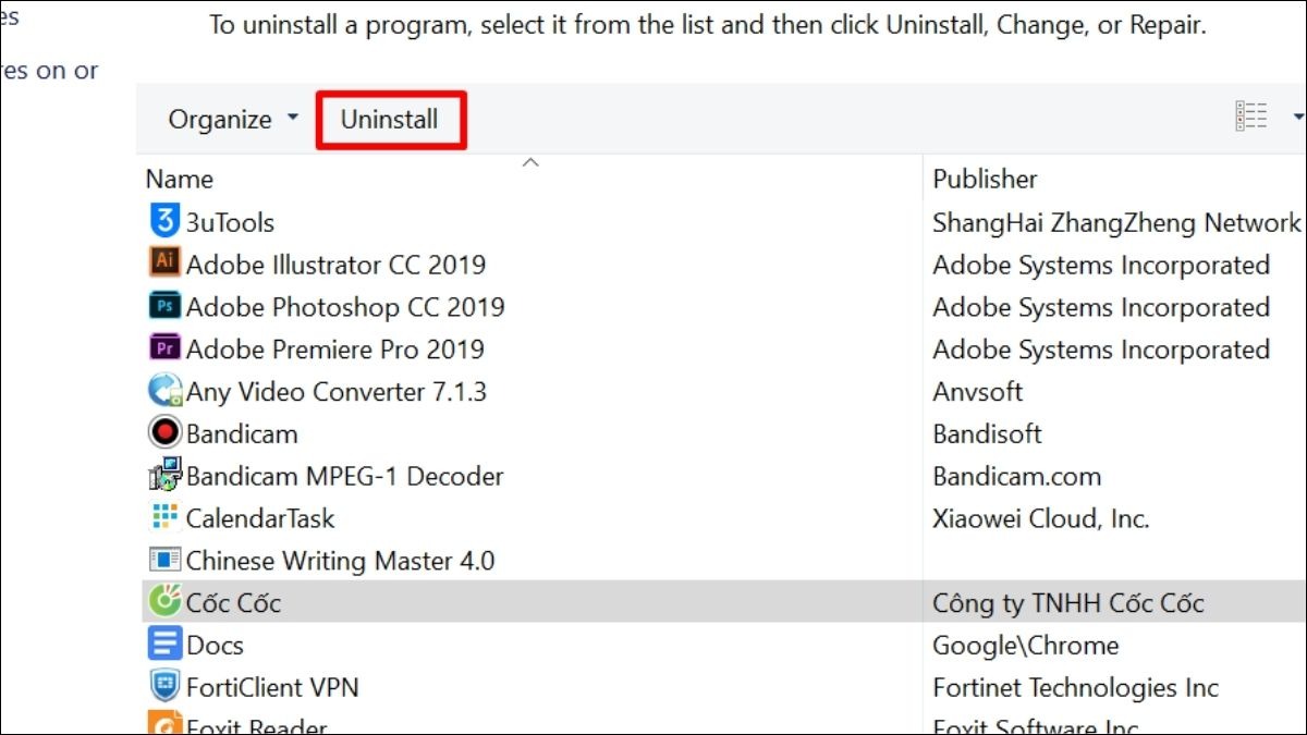 Chọn phần mềm cần gỡ và nhấn Uninstall