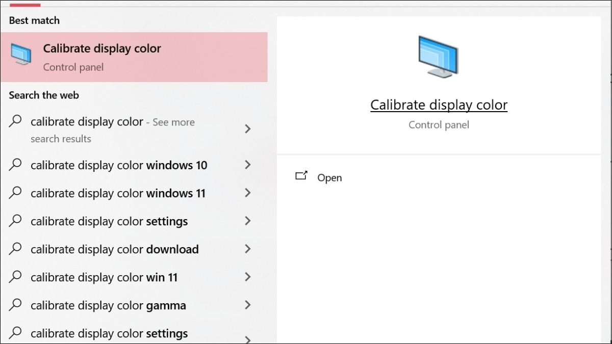 Tìm kiếm Calibrate display color trong thanh tìm kiếm của Windows
