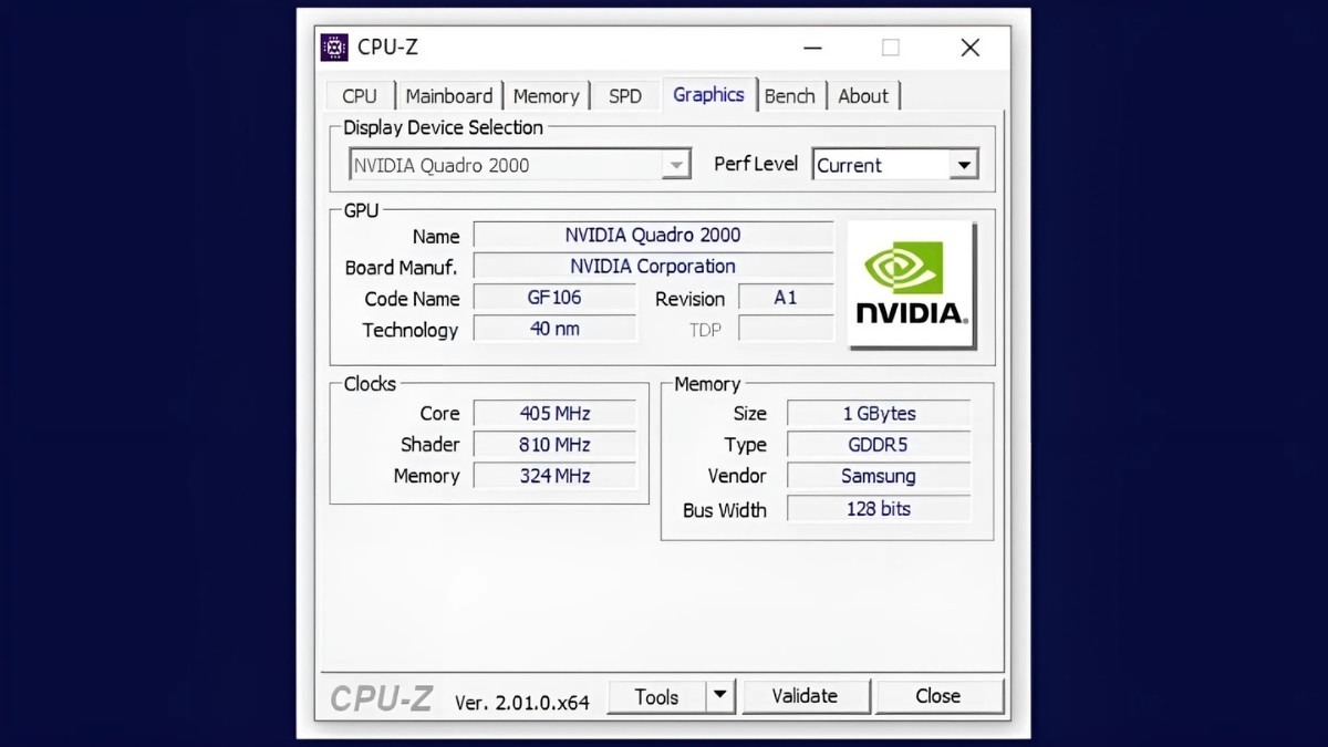 Chọn tab Graphics, nếu laptop có card rời, thông tin của card rời sẽ được hiển thị