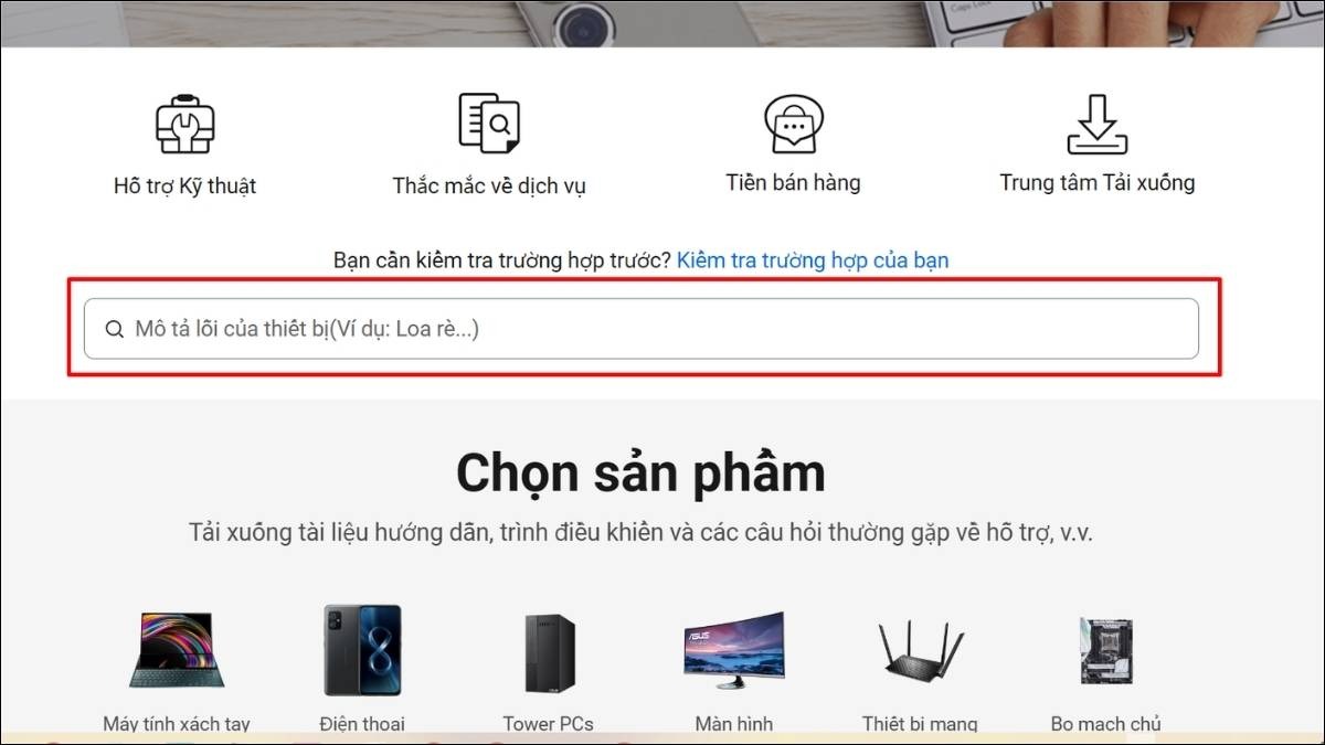 Nhập model laptop Asus của bạn vào ô tìm kiếm
