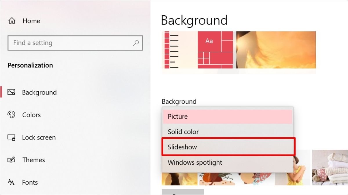 Chọn Slideshow ở mục Background