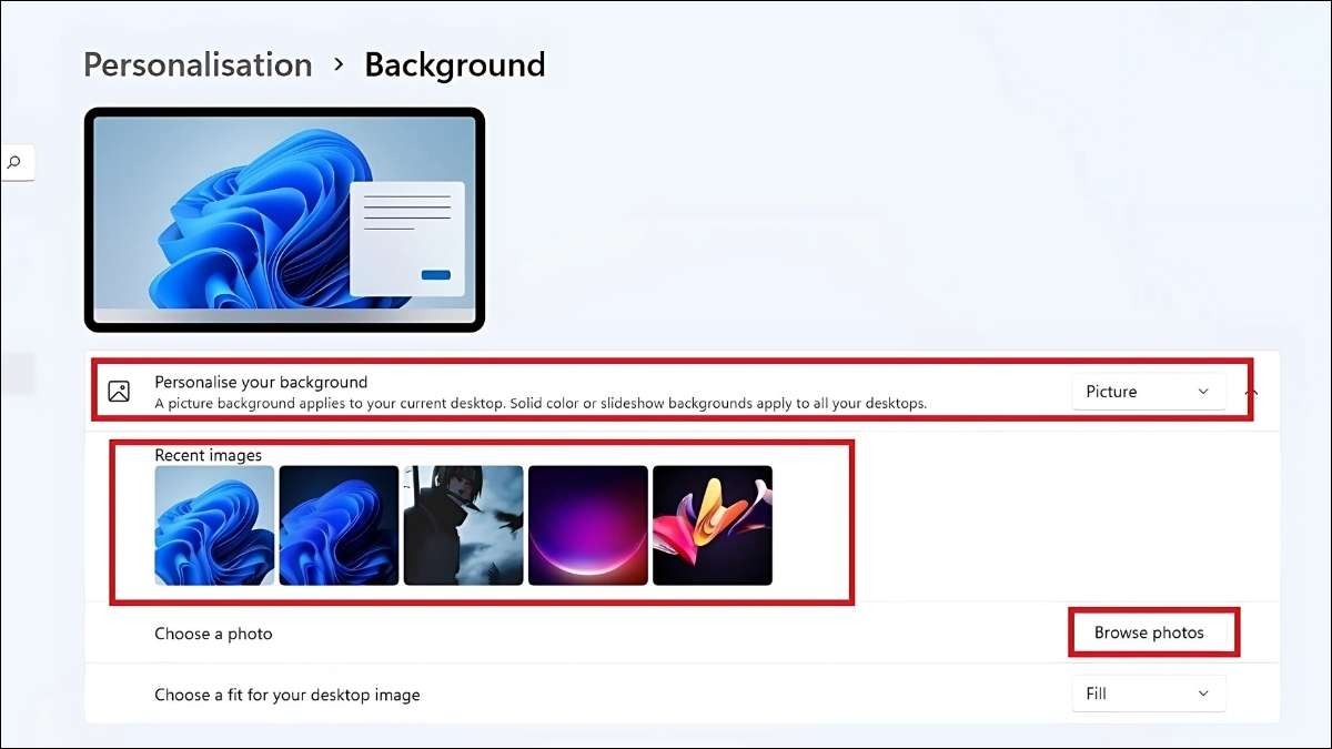 Chọn hình ảnh từ danh sách có sẵn, từ thư viện ảnh OneDrive hoặc click Browse photos