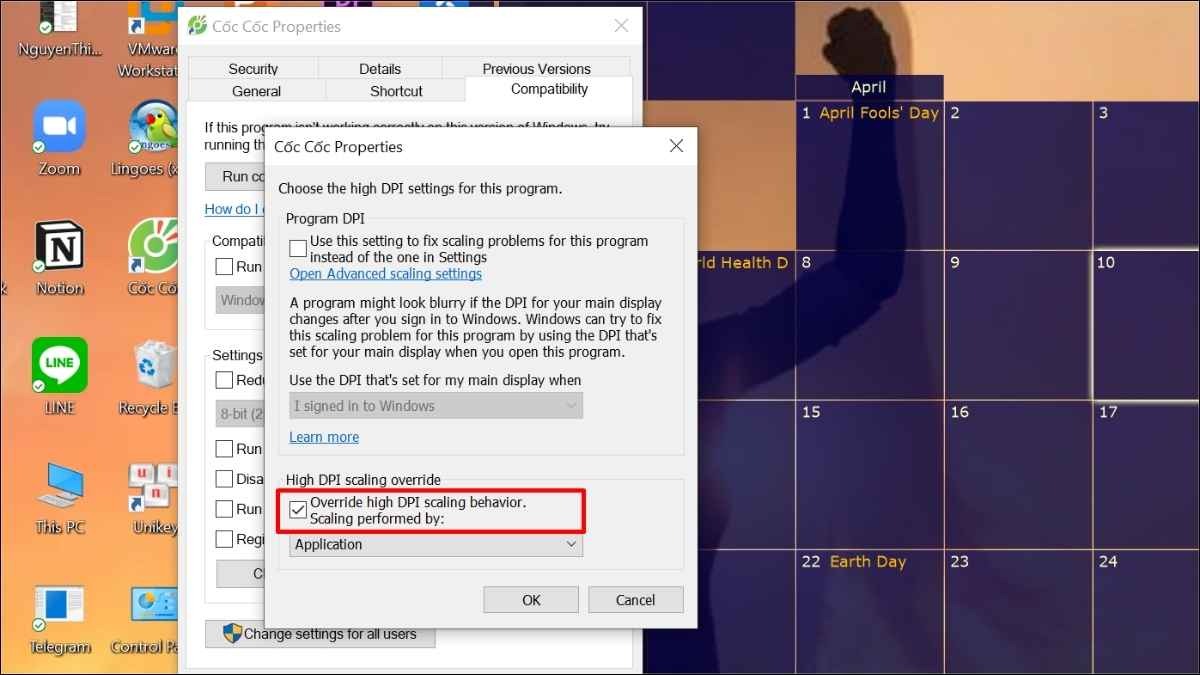 Đánh dấu vào ô Override high DPI scaling behavior