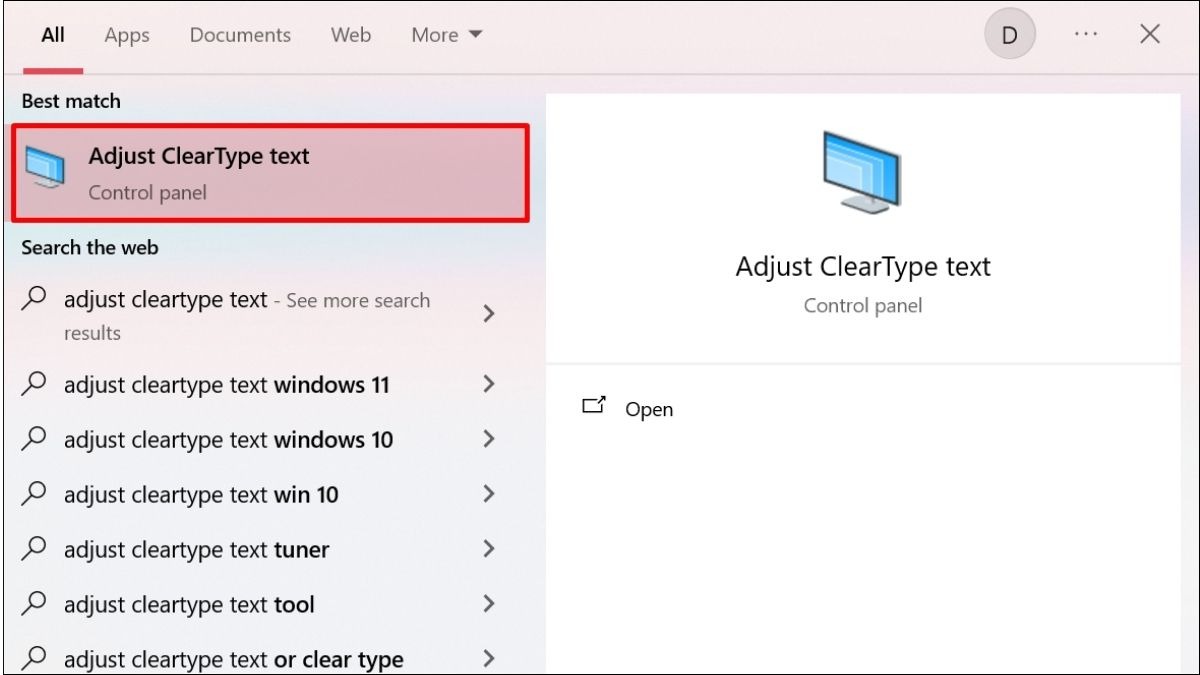 Chọn Adjust ClearType text
