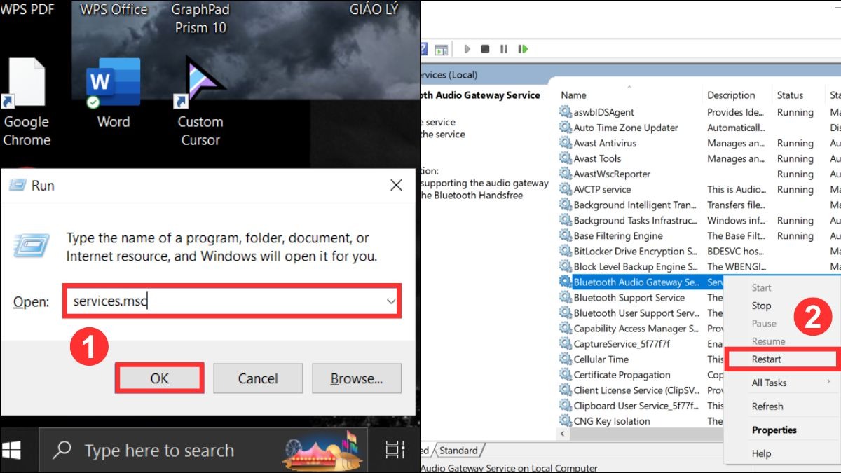 Tìm Bluetooth Support Service, click chuột phải và chọn Restart.