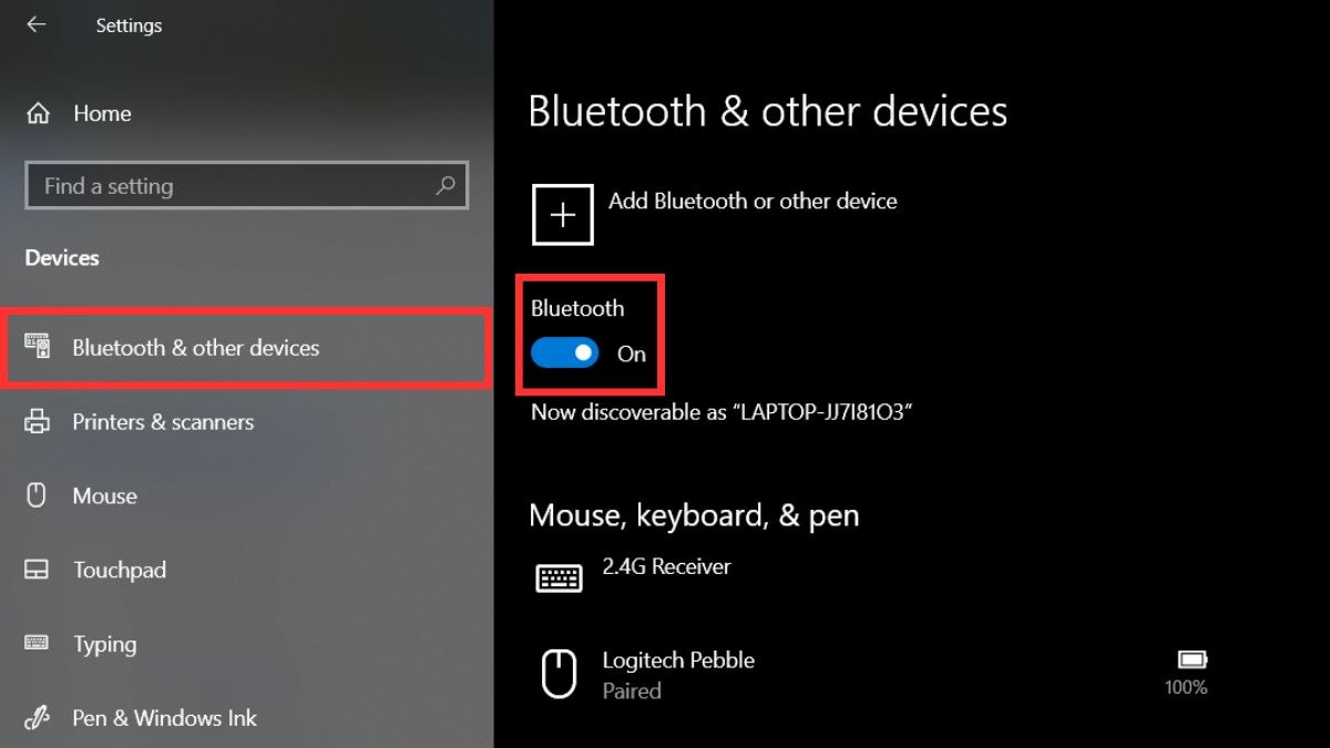 Chọn Bluetooth & other devices, sau đó gạt công tắc Bluetooth sang vị trí On.