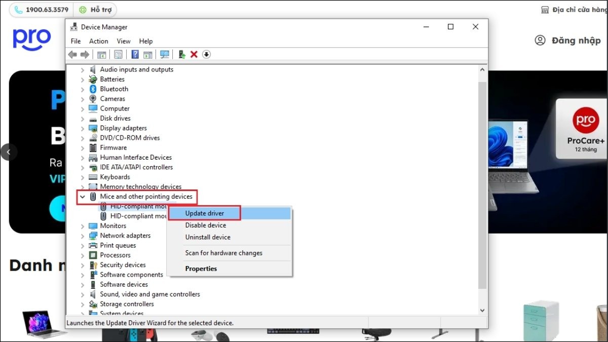 Click chuột phải vào touchpad của bạn và chọn Update driver