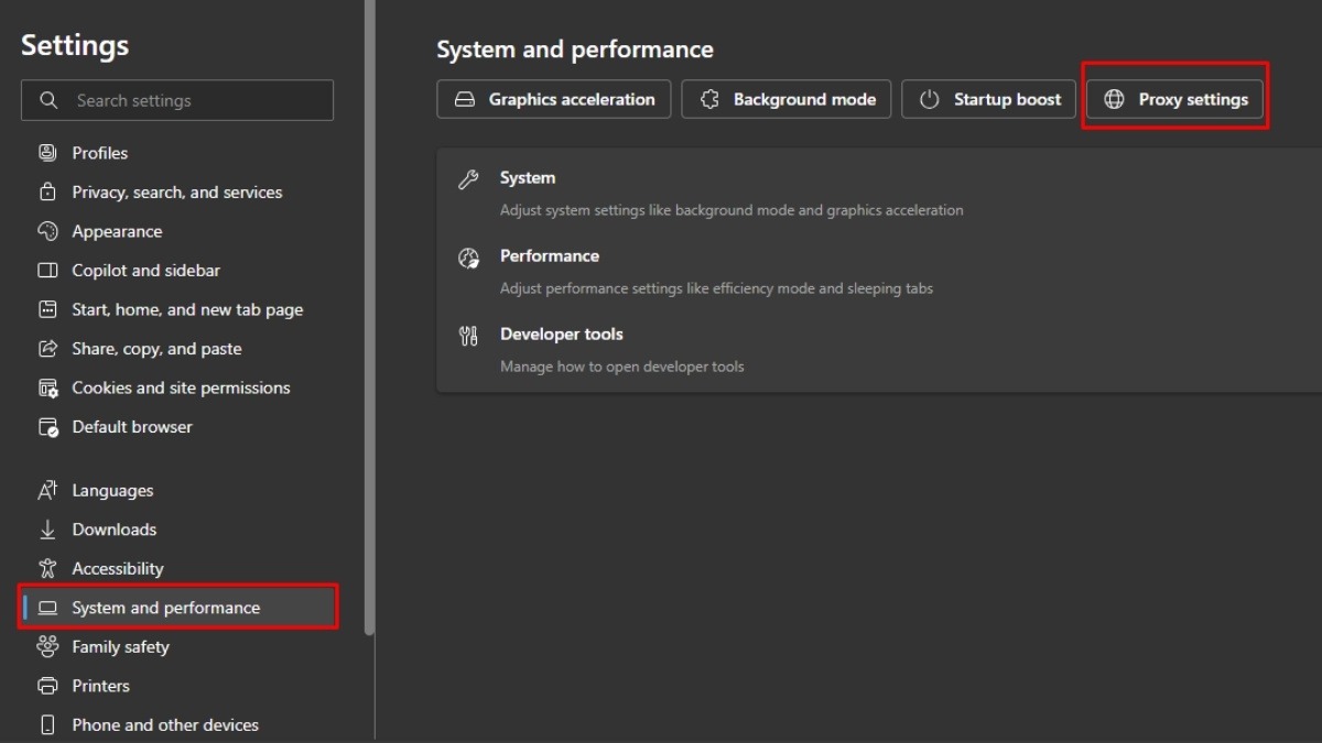 Chọn Proxy settings