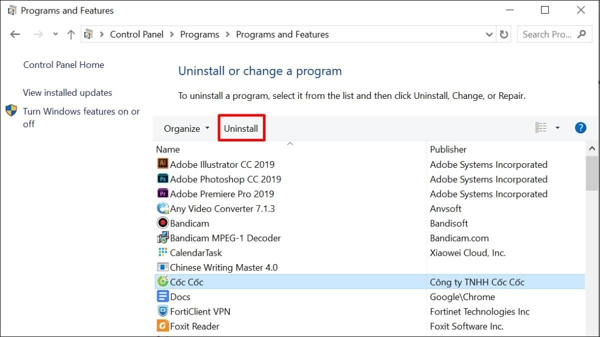 Chọn phần mềm bạn muốn gỡ bỏ và nhấn Uninstall