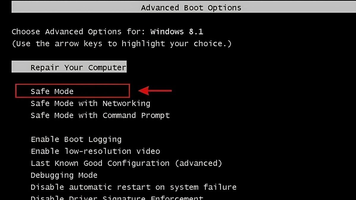 Trong menu Advanced Boot Options, chọn Safe Mode