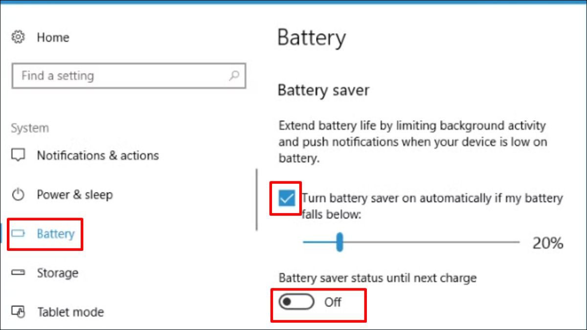 Bạn chọn chọn Battery và gạt công tắc sang On để bật chế độ tiết kiệm pin