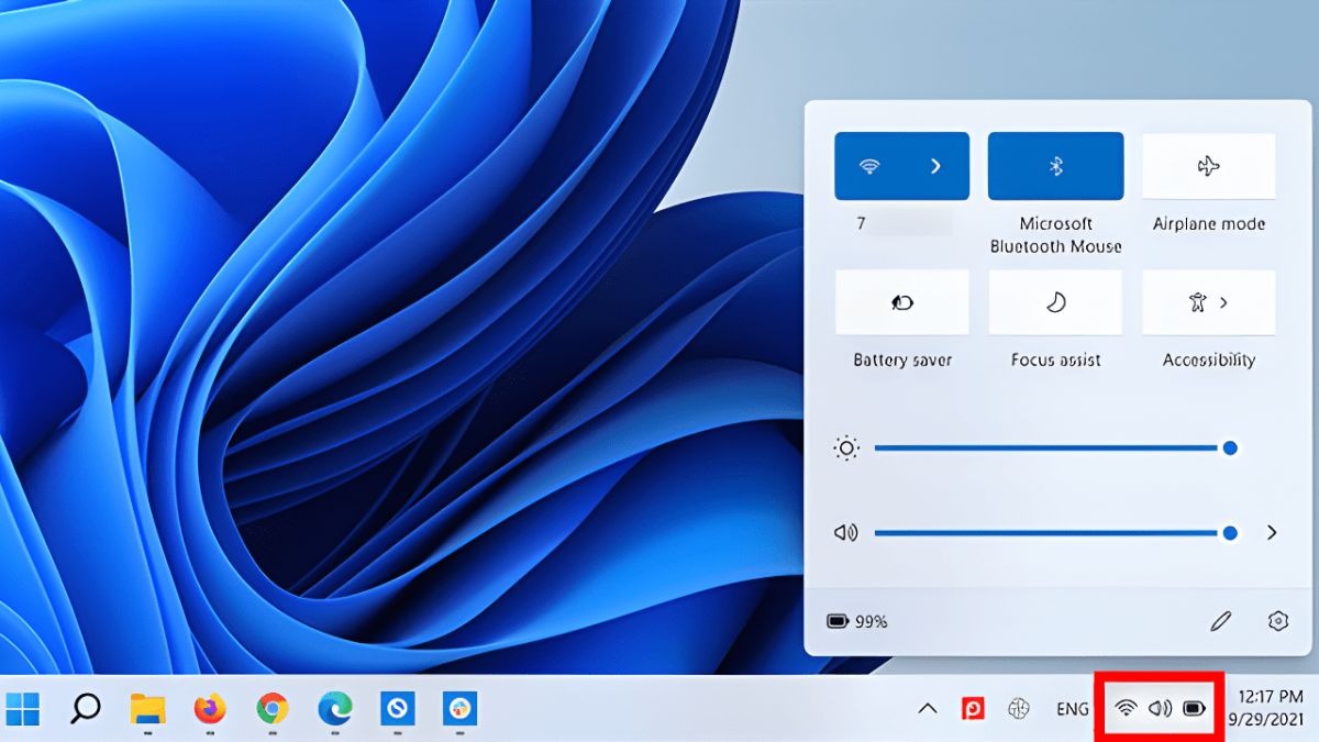 Bạn nhấn chuột vào khu vực chứa các biểu tượng Wi-Fi, Loa, Pin để bật Menu Quick Settings
