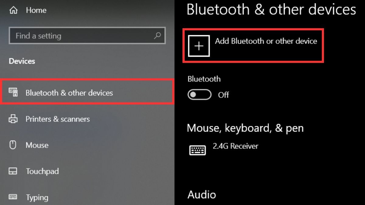 Chọn Thêm Bluetooth hoặc thiết bị khác (Add Bluetooth or other device).