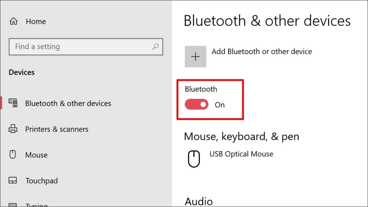Settings > Devices > Bluetooth & other devices và bật Bluetooth