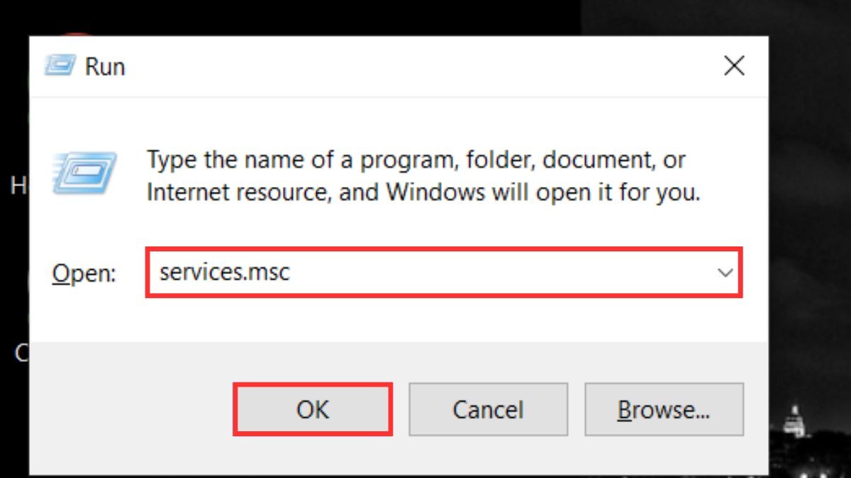 Gõ services.msc và nhấn Enter hoặc OK.