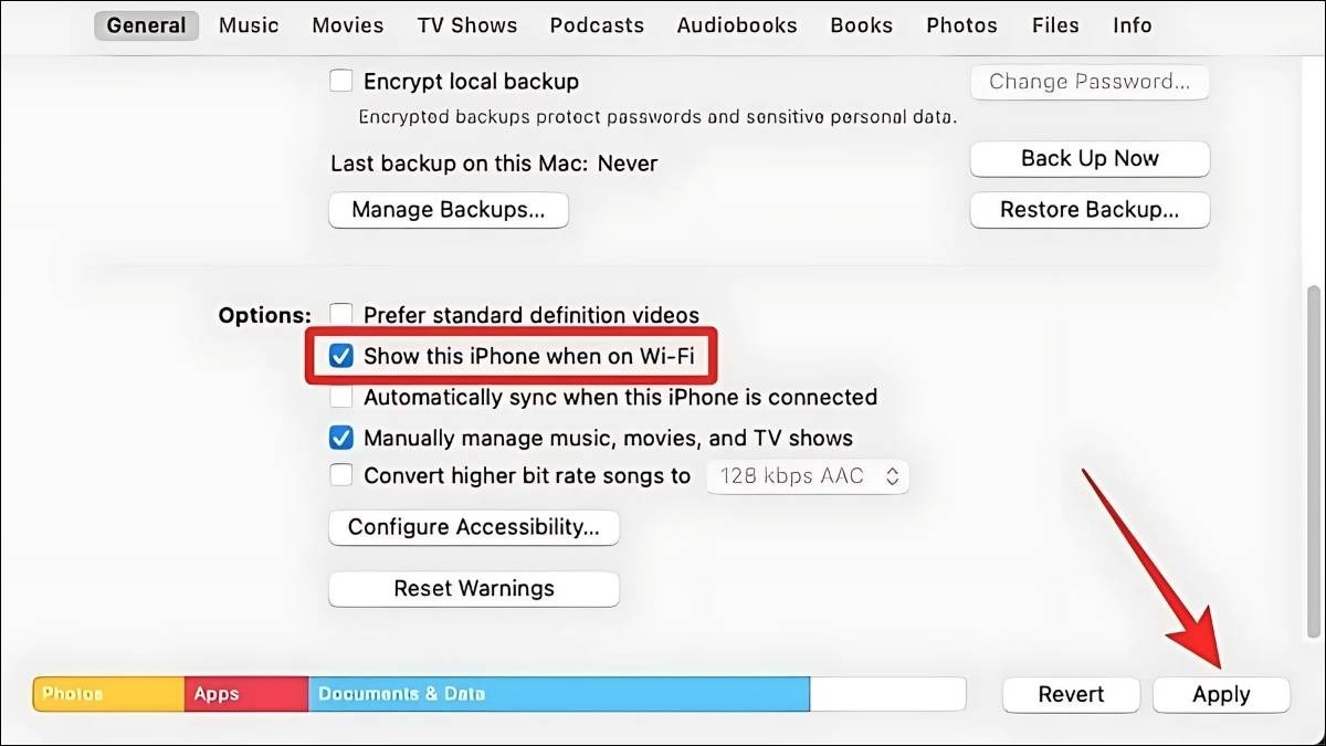 Đánh dấu vào ô Show this iPhone when on WiFi