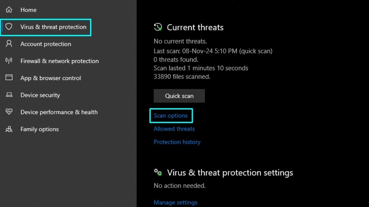 Chọn mục Virus & threat protection > Chọn Scan options