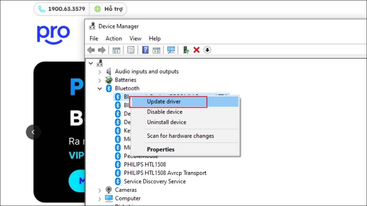 Nhấp chuột phải vào driver và chọn Update driver/Uninstall device