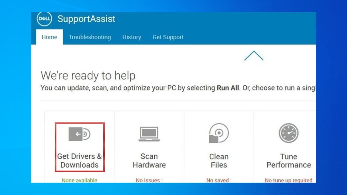 Trong giao diện chính của SupportAssist, bạn tìm Drivers & Downloads