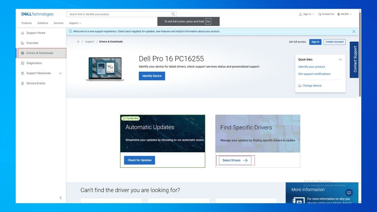 Sau khi trang web hiển thị thông tin máy, bạn chọn vào Drivers & Downloads