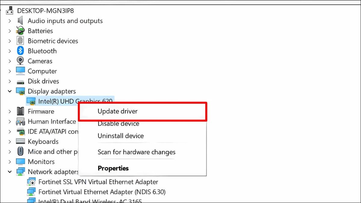 Chuột phải vào card đồ họa của bạn và chọn Update driver
