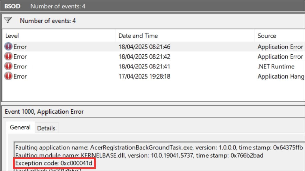 Đọc mã lỗi dừng ở hàng Exception Code.