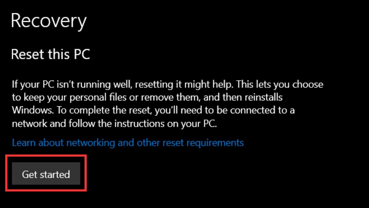 Chọn Get started trong Reset this PC.