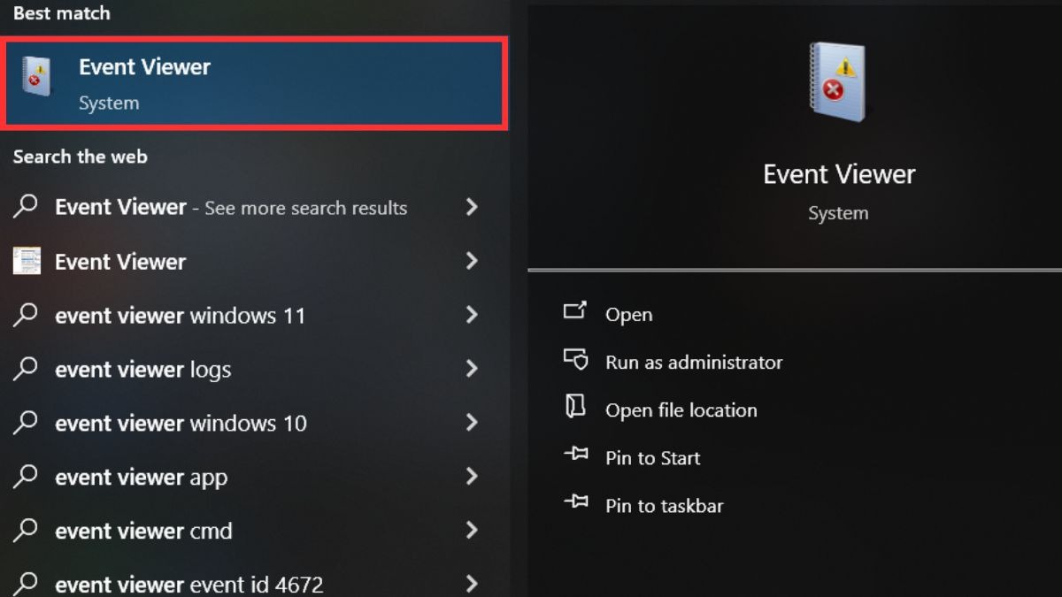 Mở Event Viewer.