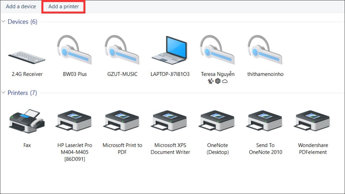 Chọn Add a printer để thêm máy in mới.