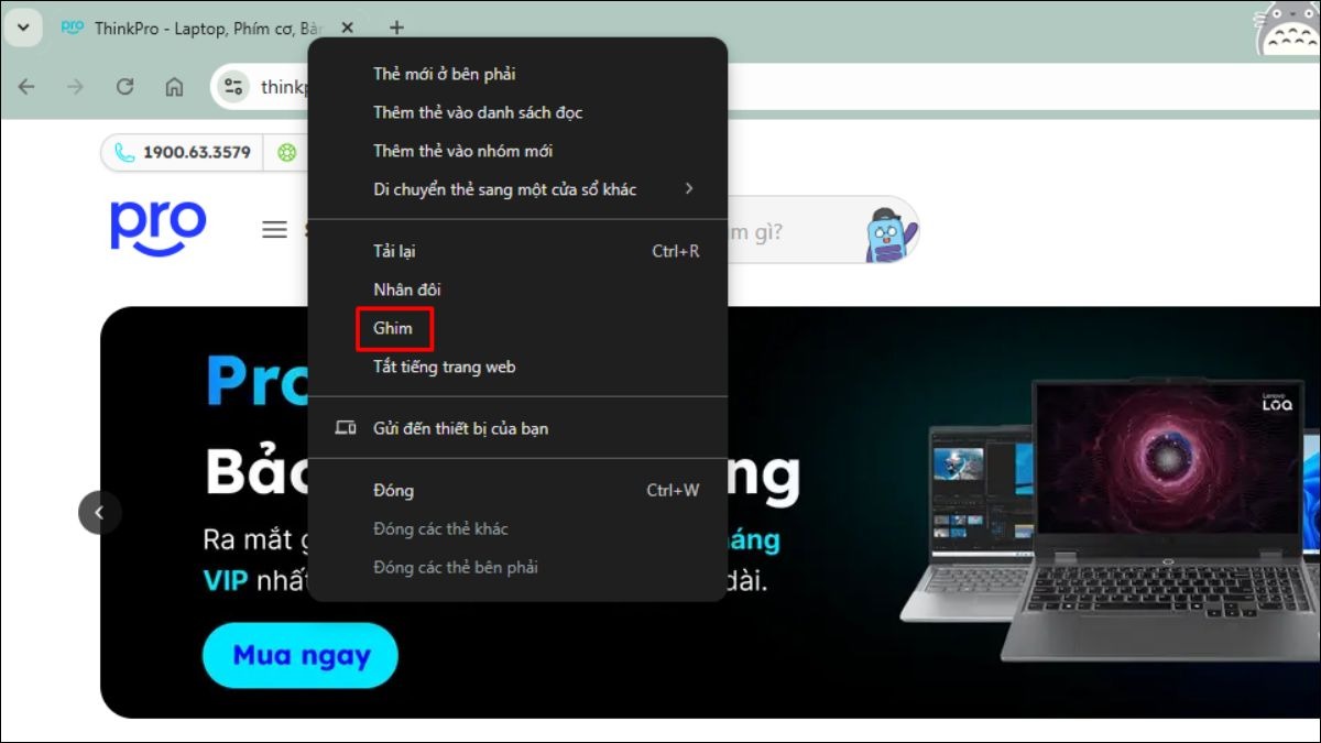 Click chuột phải vào tab bạn muốn ghim > Chọn Ghim