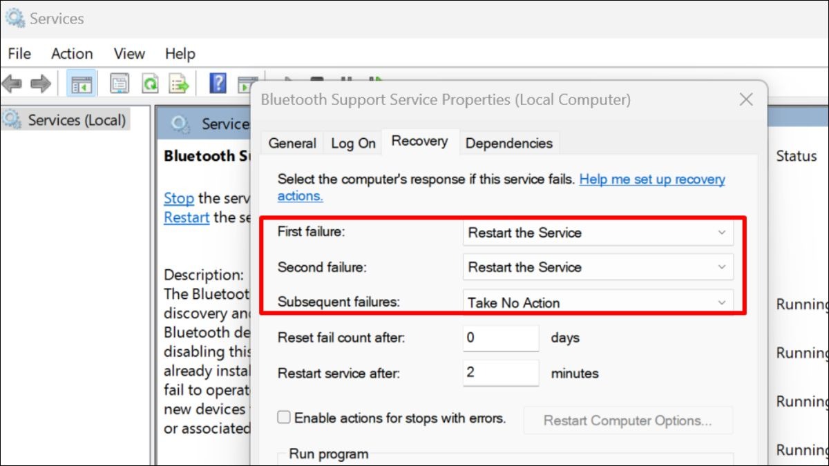 Tại tab Recovery, ở mục First failure, Second failure và Subsequent failures,