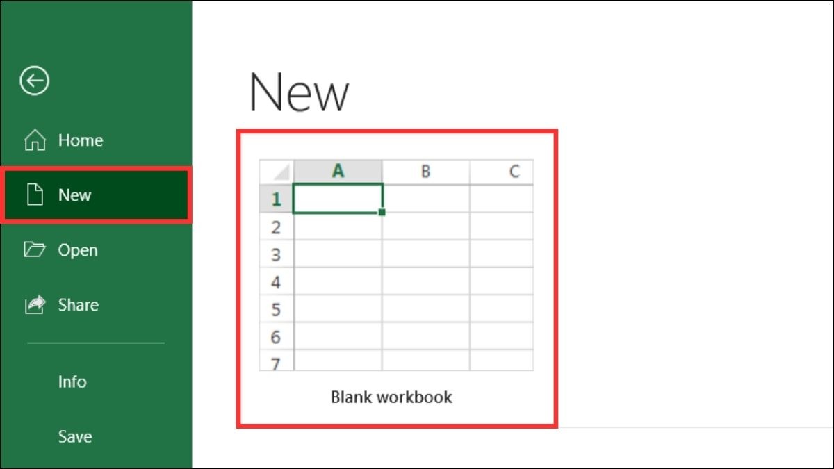 Chọn tab File trên Ribbon, sau đó chọn New rồi chọn Blank Workbook.