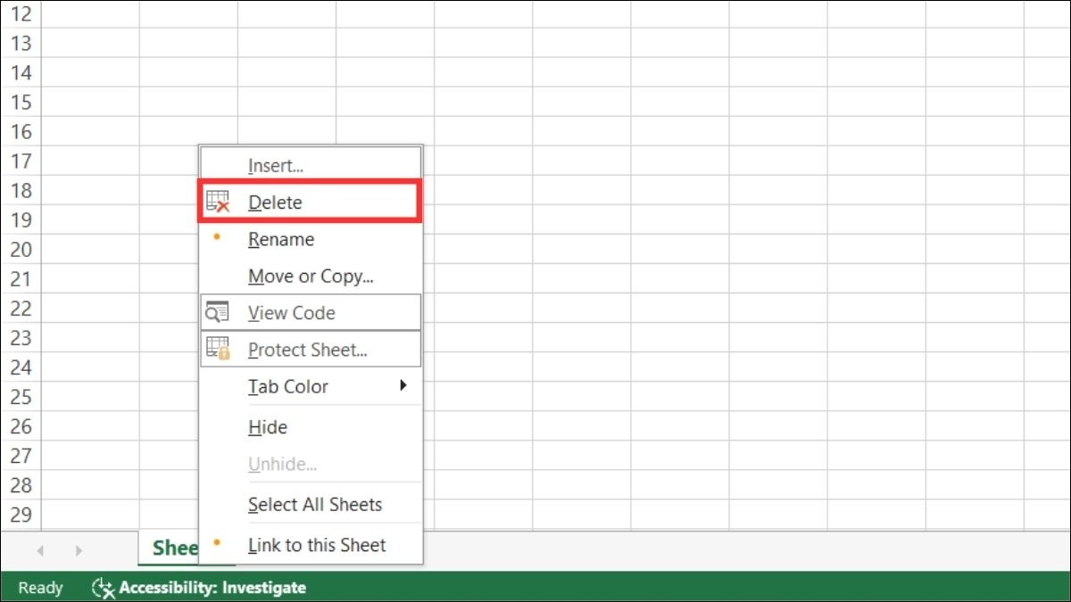 Nhấp chuột phải vào Worksheet cần xóa, sau đó chọn Delete.