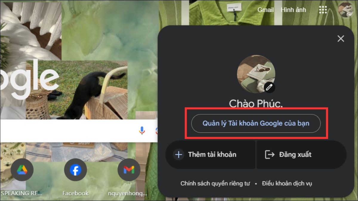Nhấp vào ảnh đại diện ở góc trên bên phải và chọn Quản lý tài khoản Google.