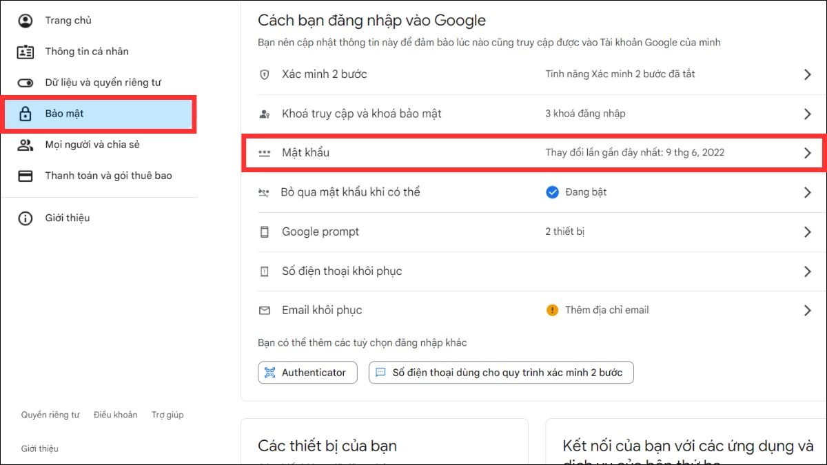 Trong mục Bảo mật và phần Đăng nhập vào Google, bạn tìm mục Mật khẩu và nhấp vào đó.