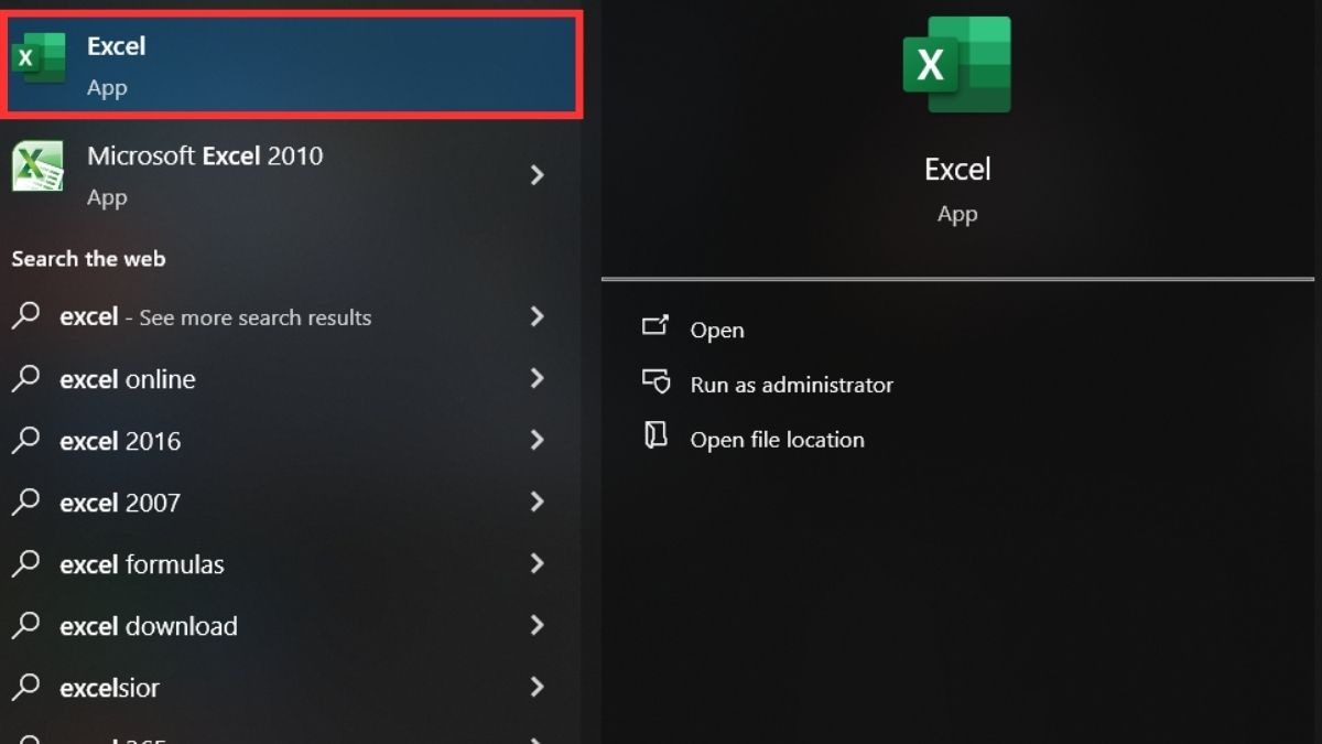 Mở Excel thông qua Start Menu bằng cách tìm kiếm Excel.