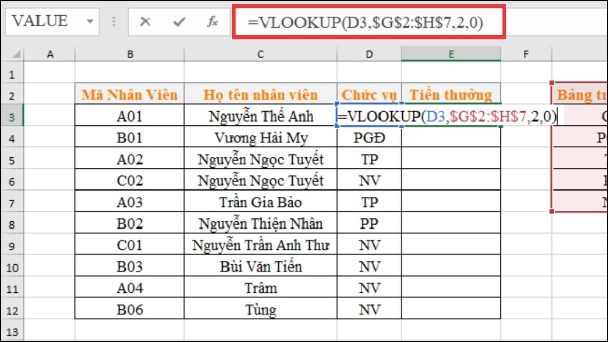 Tìm kiếm giá trị trong cột đầu tiên của một bảng và trả về giá trị trong cùng hàng ở cột khác.