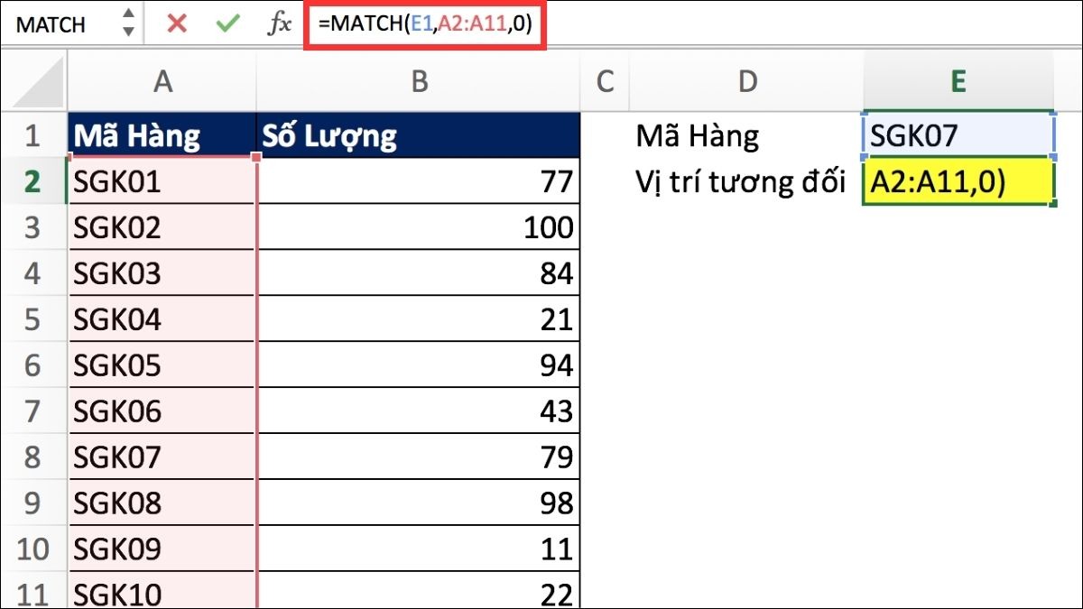 Trả về vị trí tương đối của một giá trị trong một vùng.