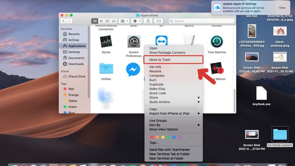 Chọn Applications trong thanh sidebar Nhấn chuột phải tại Messenger > Chuyển vào thùng rác (Move to Trash)