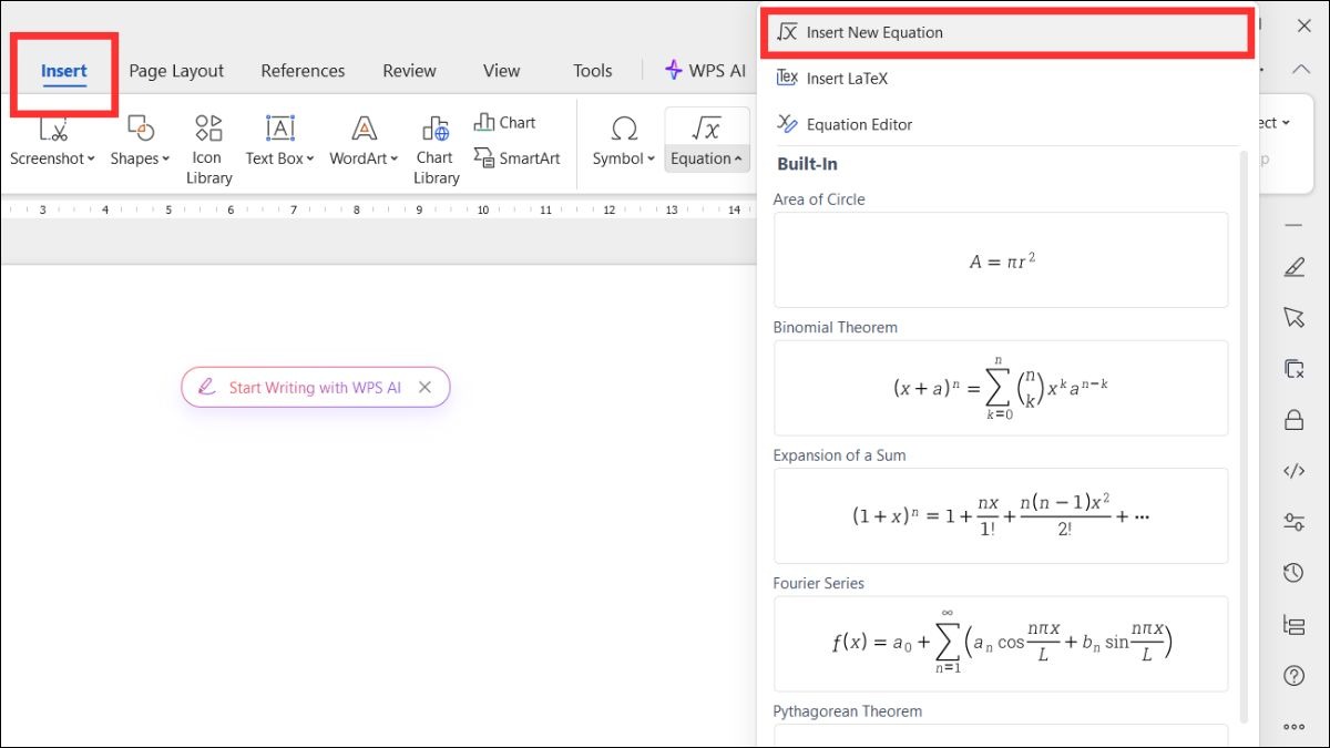 Chọn Equation rồi chọn Insert New Equation.