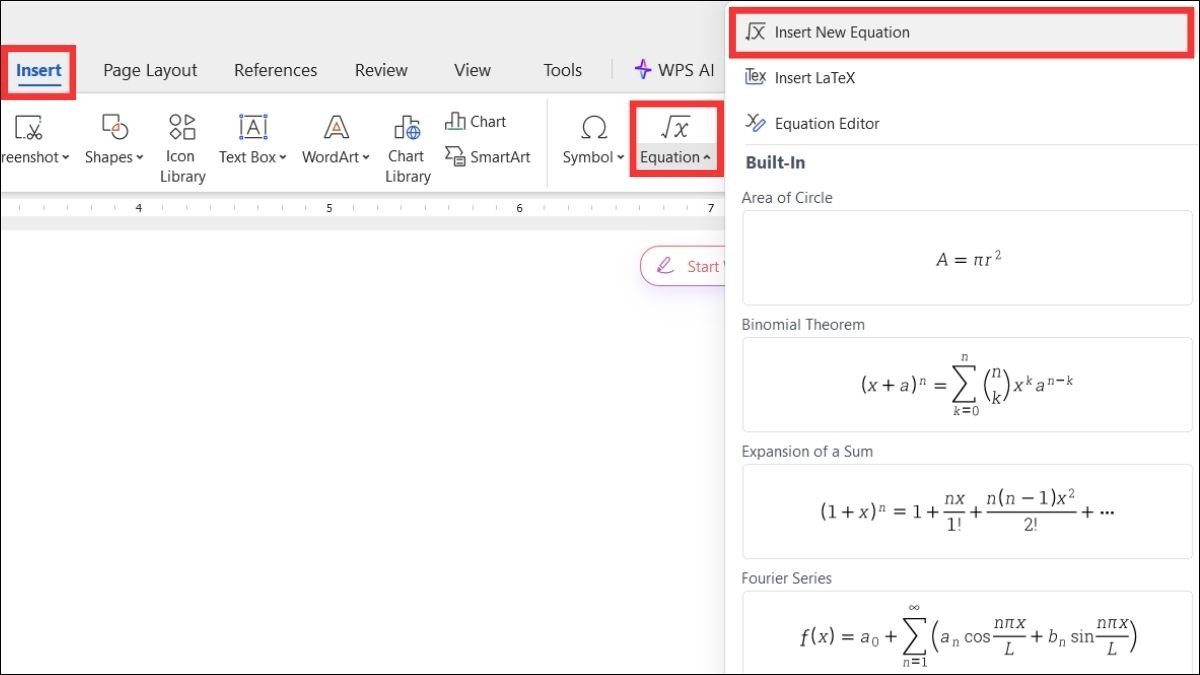 Chọn thẻ Insert trên thanh, sau đó nhấp vào Equation rồi chọn Insert New Equation.