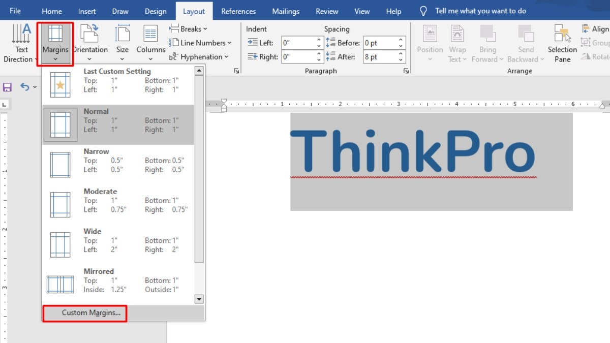 Vào tab Layout và chọn Margins > Custom Margins