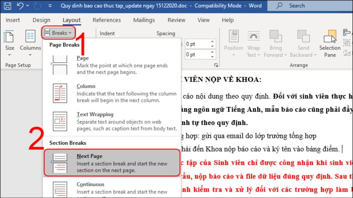 Trong nhóm Page Setup, bạn tìm và nhấn vào nút Breaks.